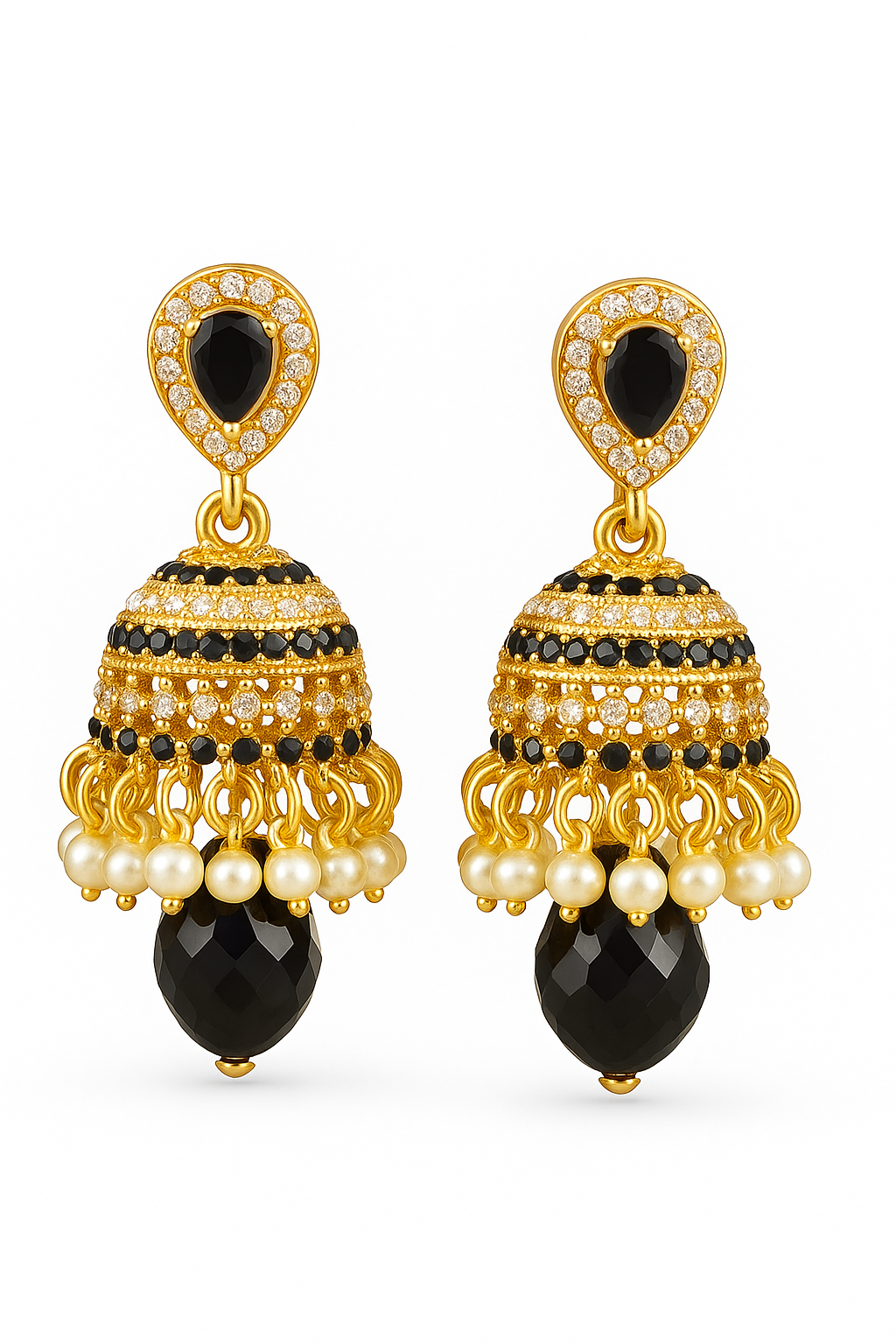 "Gold-Plated Black Stone & Pearl Jhumka Earrings – Traditional Indian Bridal Jewelry"