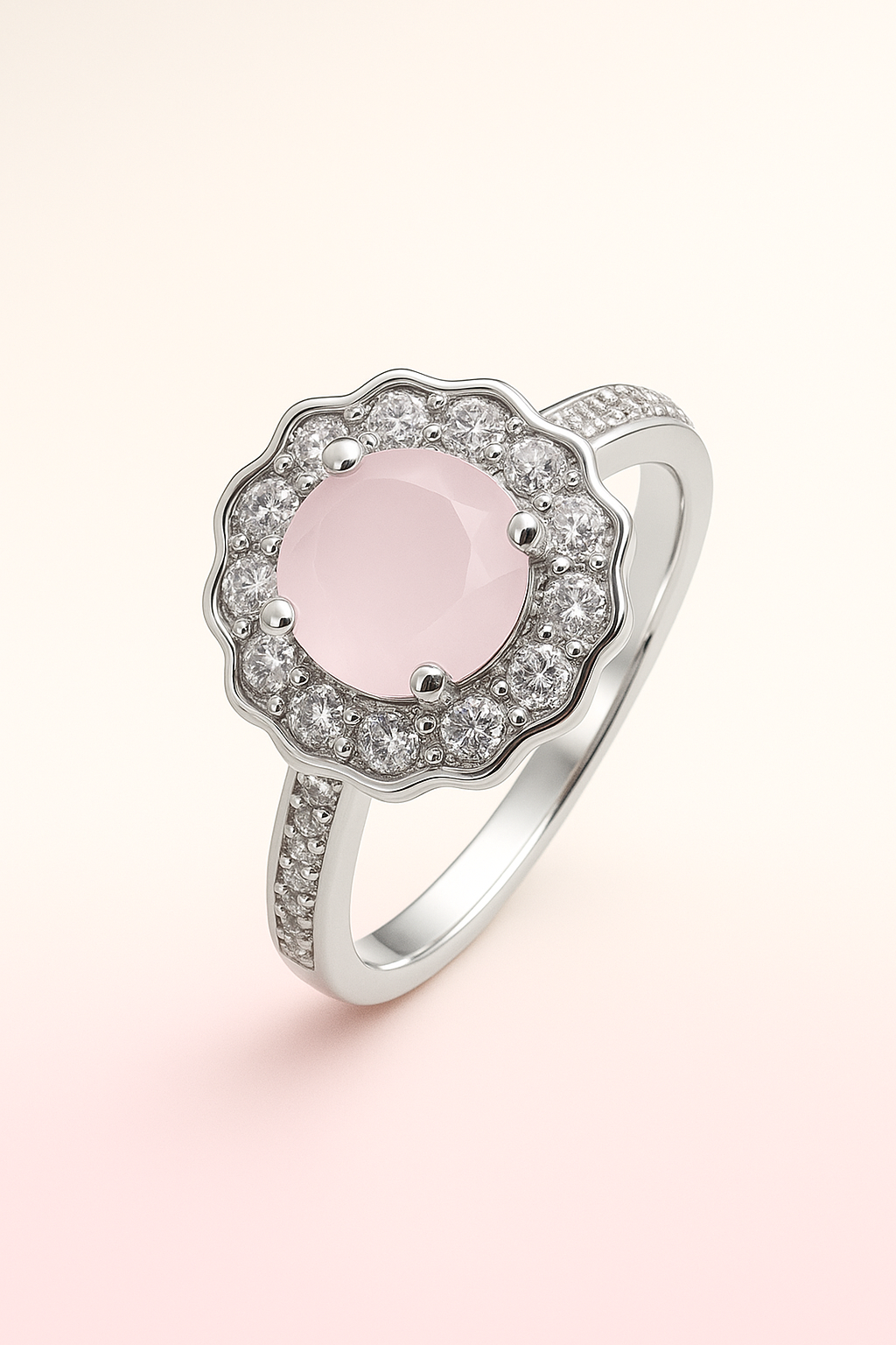 Elegant Rose Quartz & Zircon Silver Adjustable Ring – Timeless Floral Design