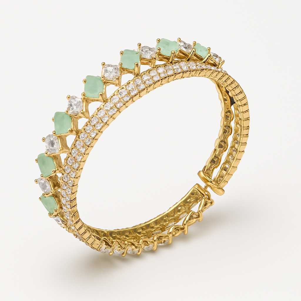 "Luxury Gold-Plated Bangle with Green & Clear Gemstones – Elegant Adjustable Bracelet for Women"