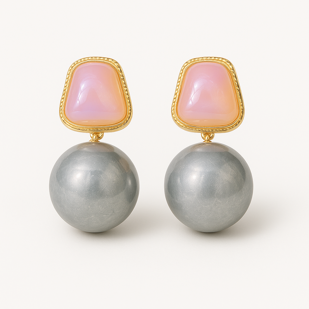 "Luxury Dual-Tone Statement Earrings – Pink Gem & Silver Orb Design with Gold Accents"