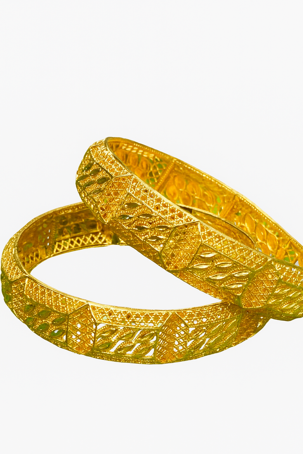"22K Gold Plated Intricate Leaf & Mesh Design Bangles – Premium Bridal Jewelry Pair"