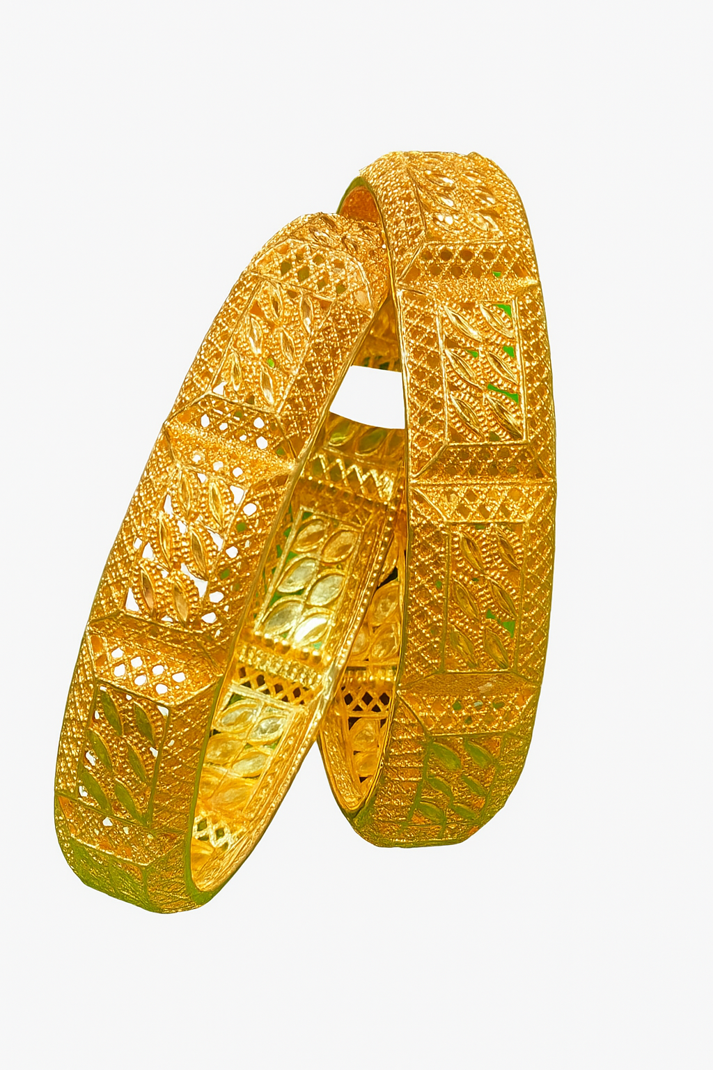 "22K Gold Plated Intricate Leaf & Mesh Design Bangles – Premium Bridal Jewelry Pair"