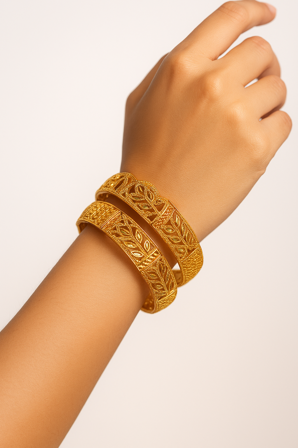 "22K Gold Plated Intricate Leaf & Mesh Design Bangles – Premium Bridal Jewelry Pair"