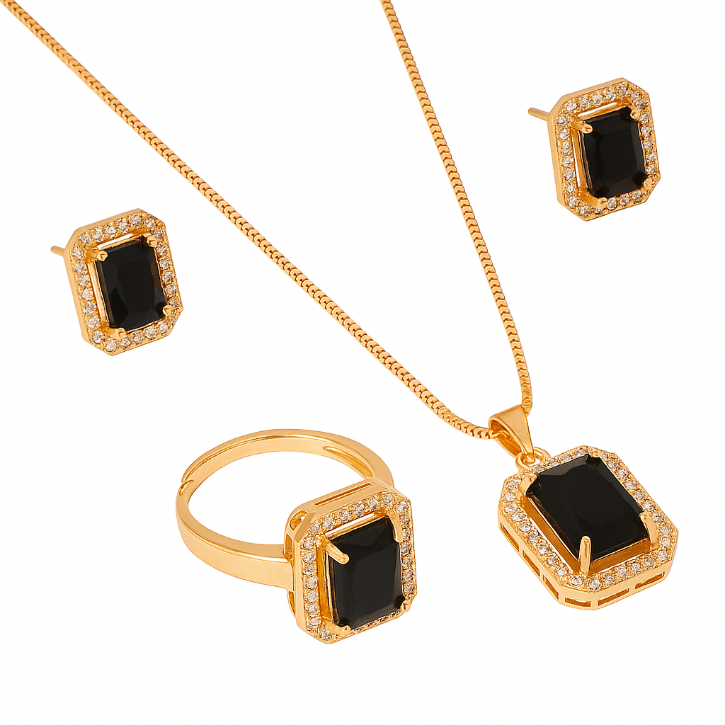 "Elegant Black Stone Gold-Plated Jewelry Set – Necklace, Adjustable Ring & Stud Earrings for Women"