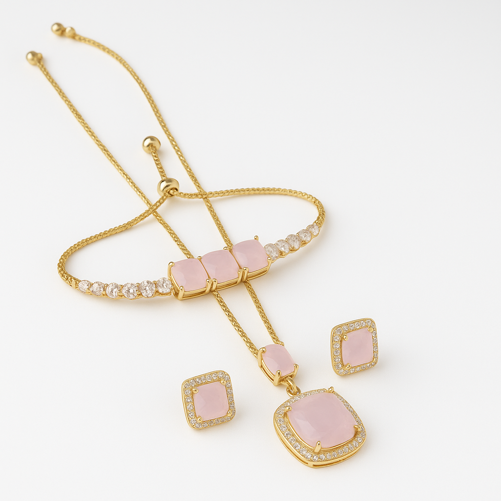 "Elegant Pink Stone & Pearl Jewelry Set – Gold Plated Necklace, Earrings & Bracelet for Women"