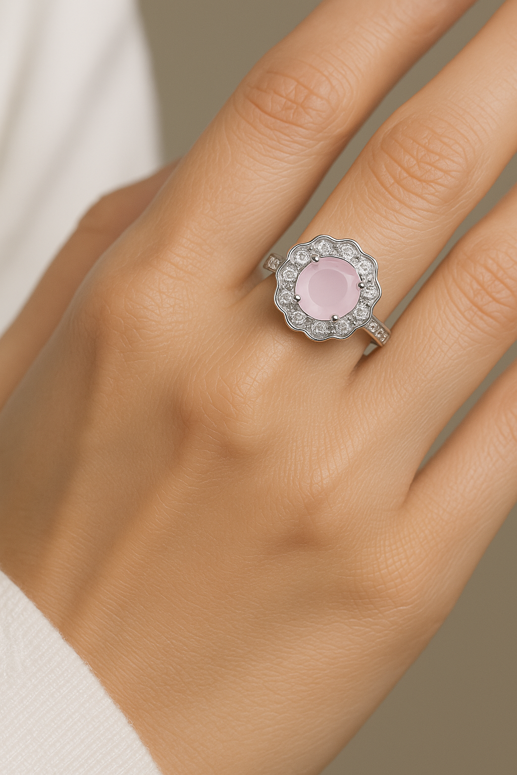 Elegant Rose Quartz & Zircon Silver Adjustable Ring – Timeless Floral Design