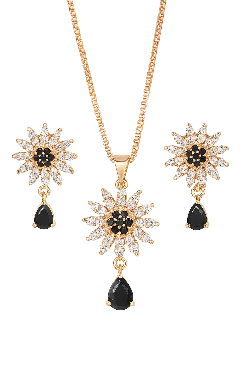 "Elegant Gold-Plated Floral Necklace & Earrings Set with Black Stone Drops – Premium Jewelry for Women"