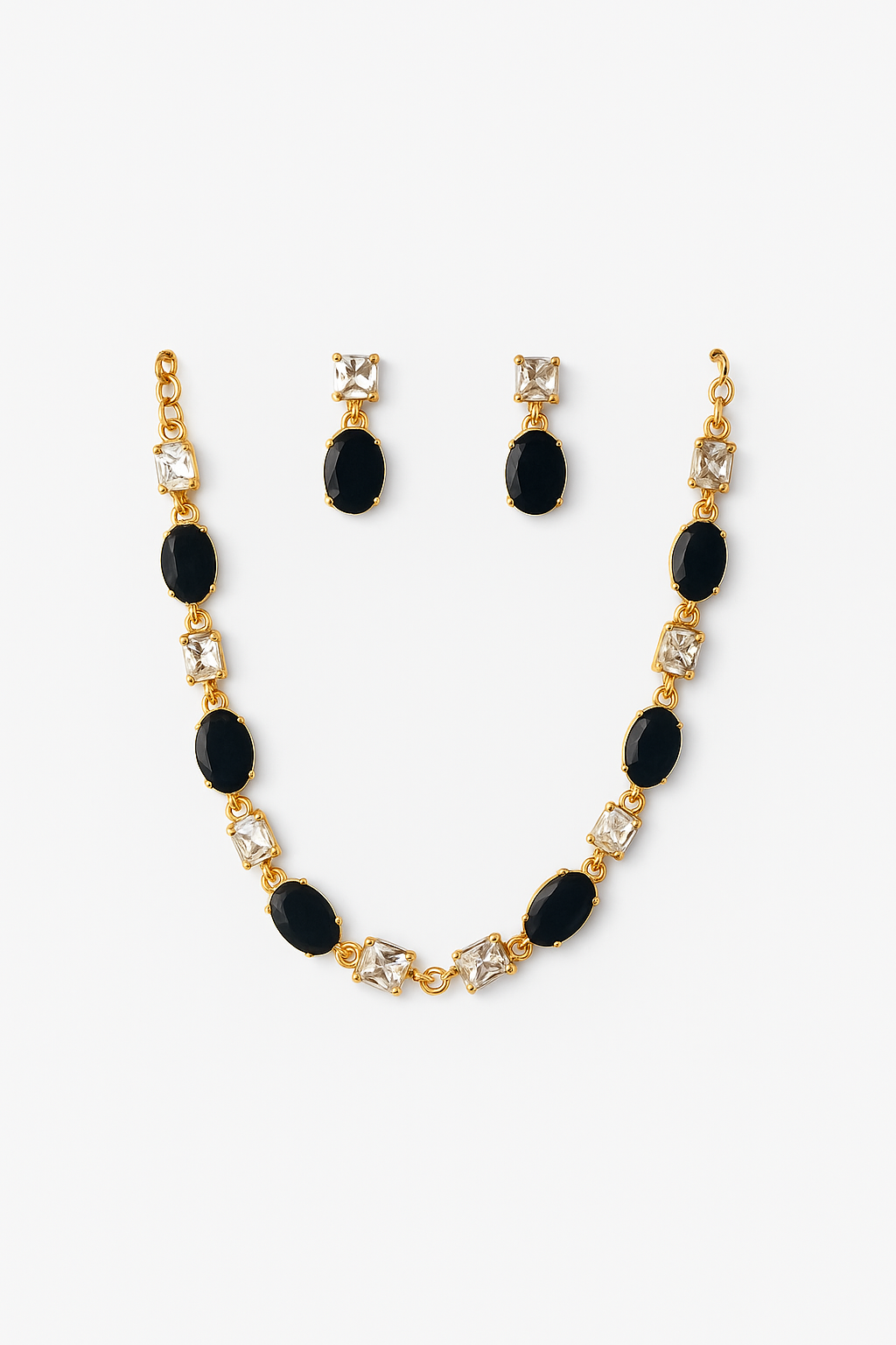 Gold-Plated Black & White Stone Necklace Set with Earrings – Elegant Jewelry for Women