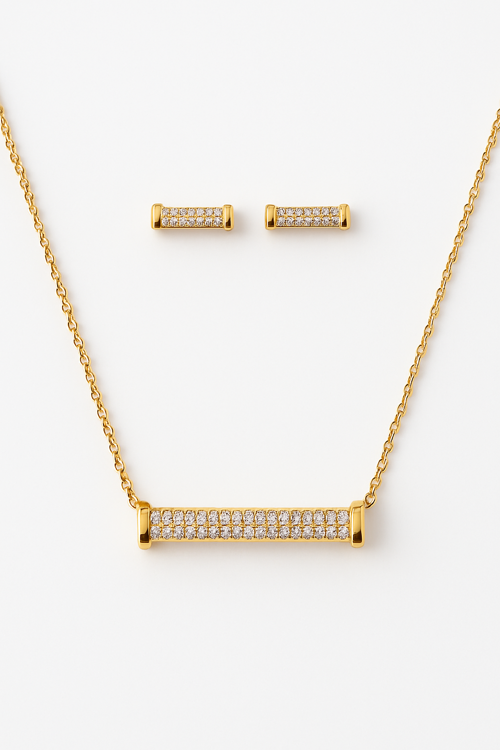 Luxury Gold-Plated Bar Necklace & Earring Set – Sparkling CZ Stones, Adjustable Chain