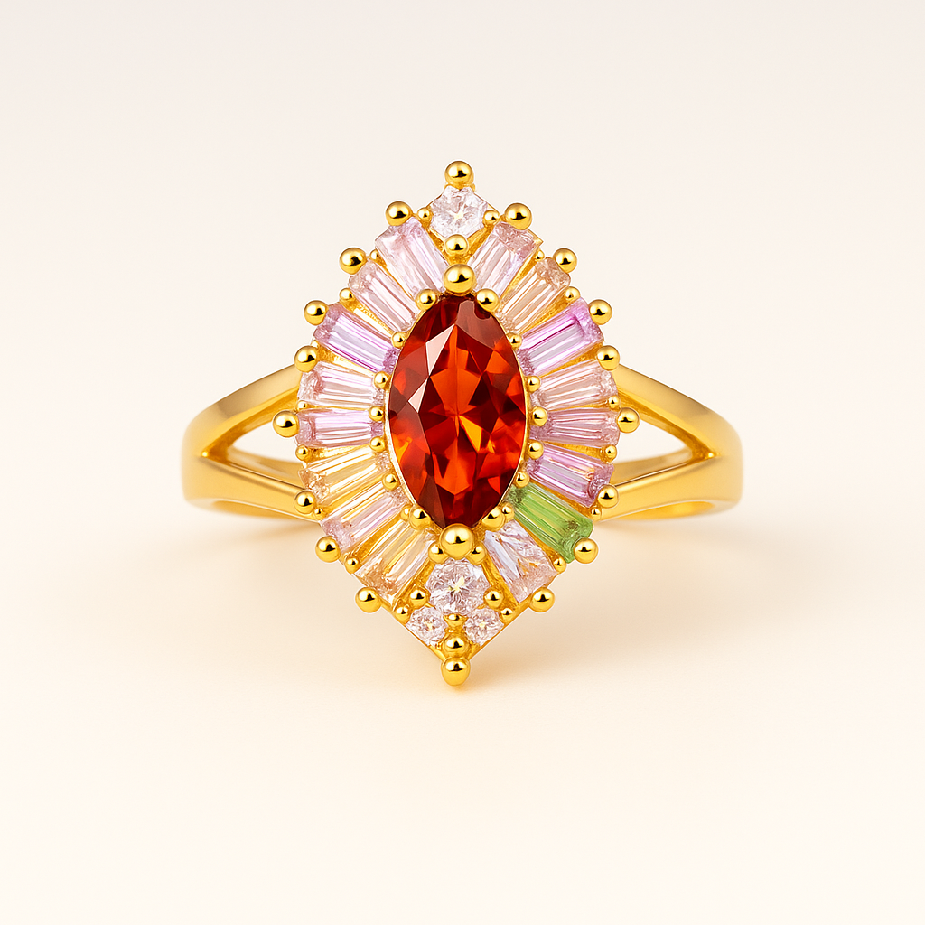 Luxury Gold-Plated Marquise Ruby Ring – Women’s Statement Cocktail Jewelry with Multicolor Crystals
