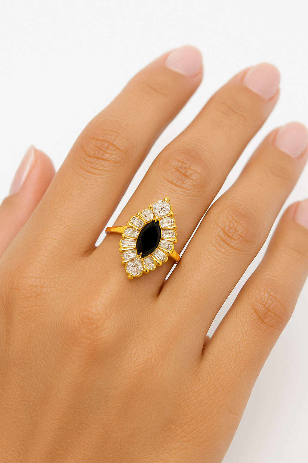"Gold Plated Black Onyx & Zircon Statement Ring – Elegant Women’s Jewelry"