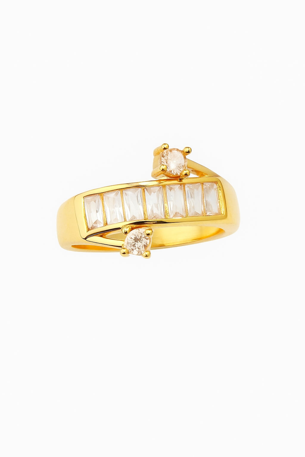 Gold Plated Adjustable Ring with Baguette & Round Cut Stones – Elegant Women’s Jewelry