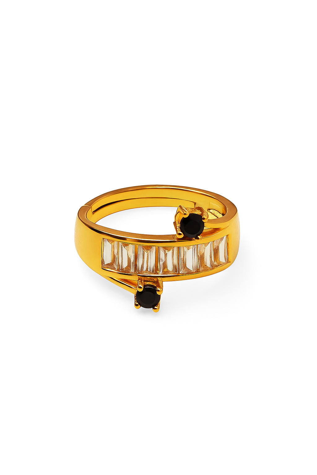 Gold Plated Ring with Black Stones & Baguette Cut Zircon – Elegant Adjustable Women’s Jewelry