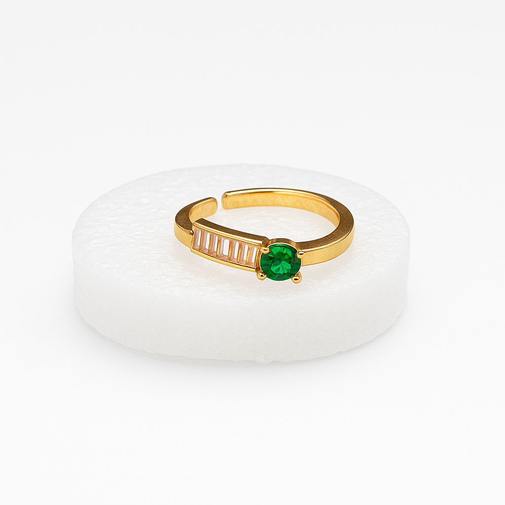 Elegant Gold-Plated Adjustable Ring with Green Emerald Stone & Baguette Accents – Women’s Fashion Jewelry