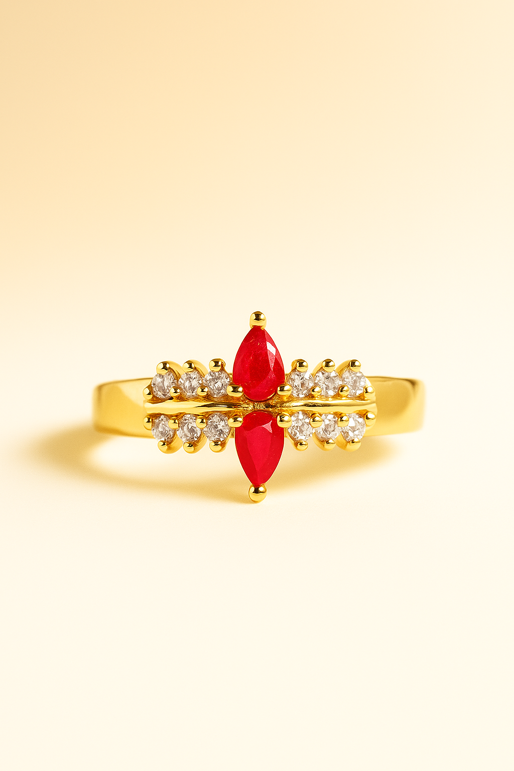 Gold-Plated Ring with Red Ruby & Sparkling CZ Stones – Elegant Women’s Jewelry