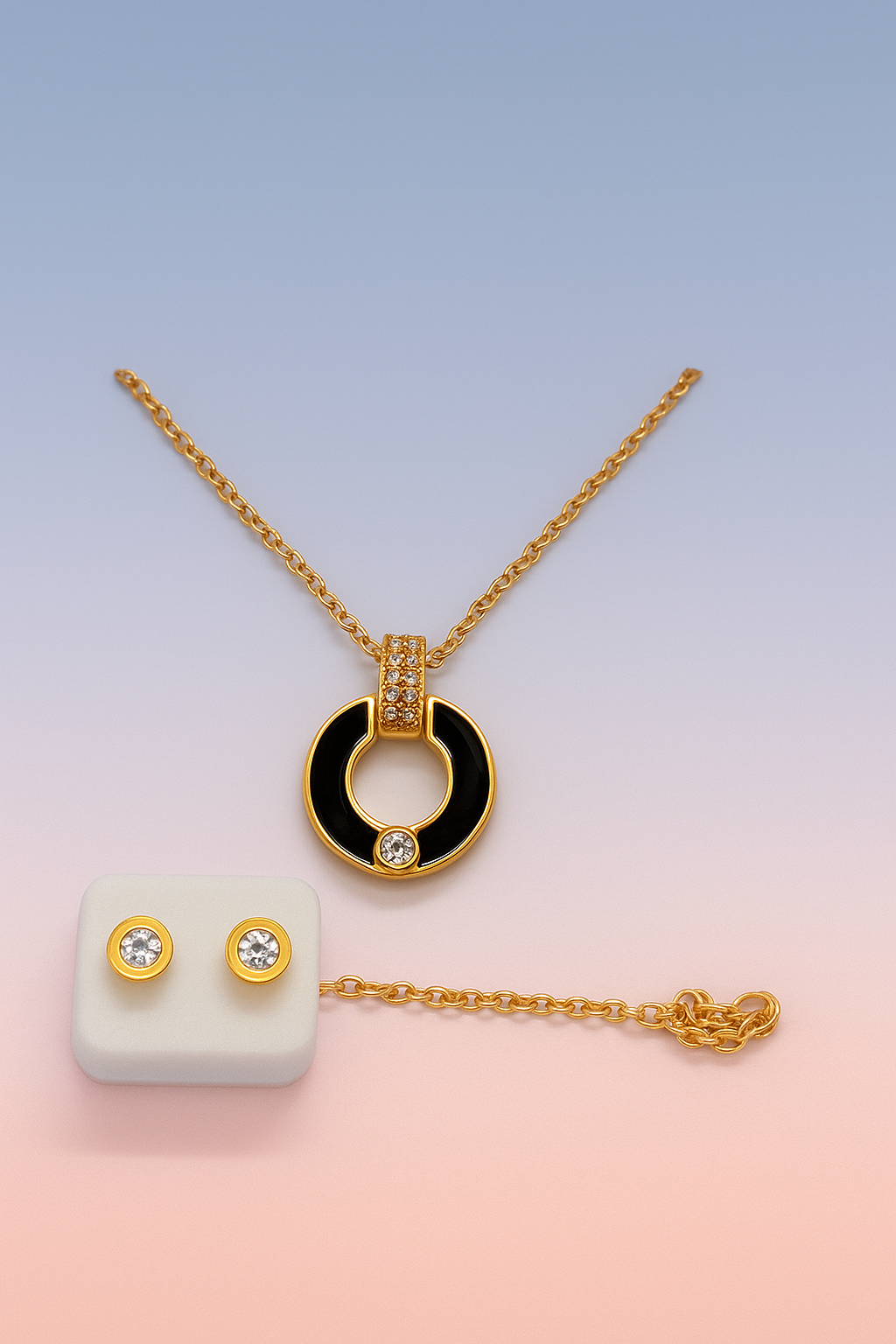 Elegant Gold Plated Necklace & Earring Set – Black Enamel Pendant with Crystal Accents