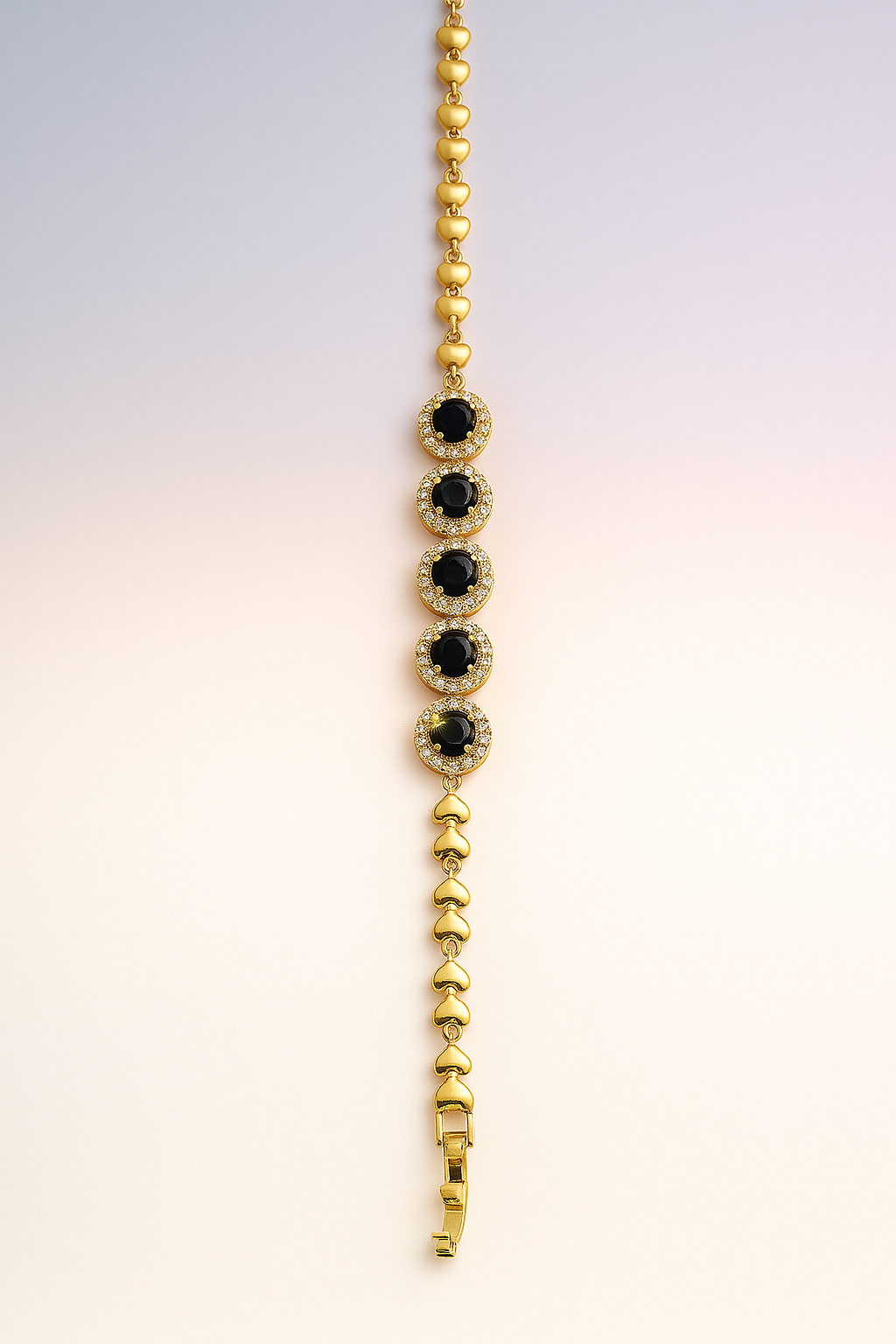 Gold Plated Bracelet with Black Gemstones & Heart Link Design