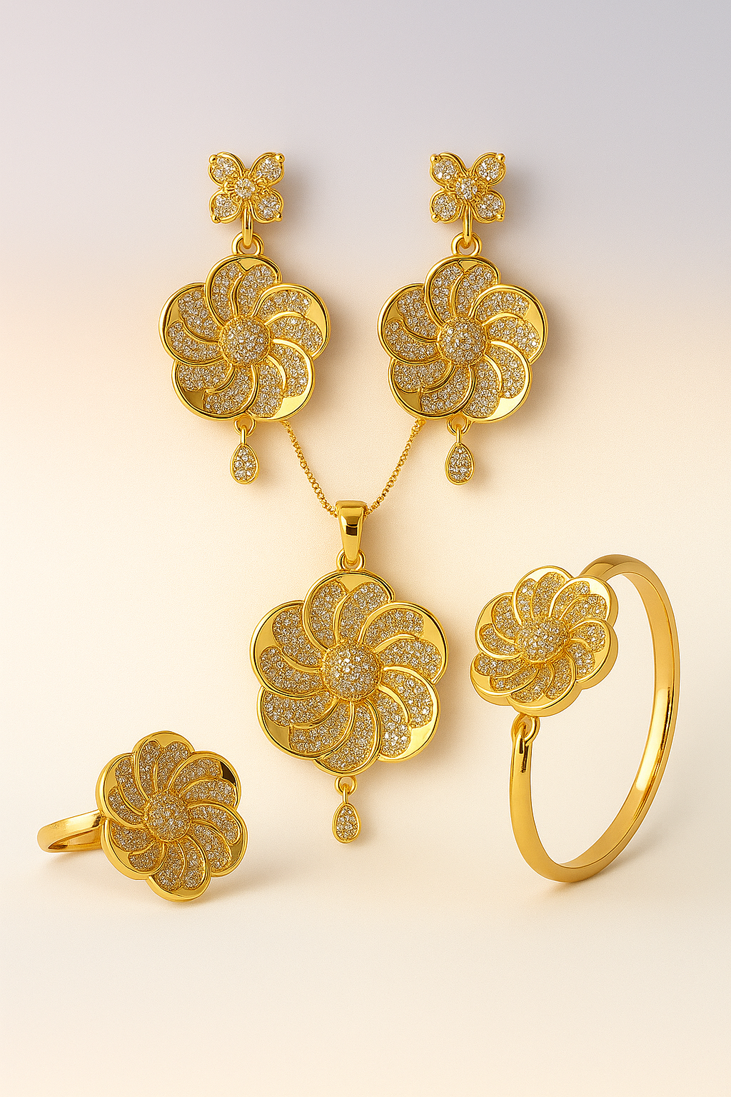 uxury Gold-Plated Floral Jewelry Set – Necklace, Earrings, Ring & Bracelet