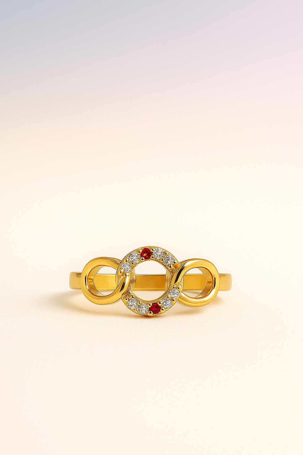 ✨ Elegant Gold Infinity Ring with Red Gemstones & Diamond Finish