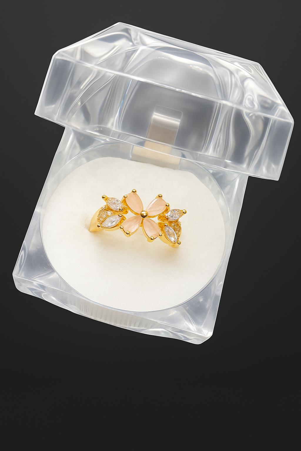 Luxury Gold-Plated Floral Ring with Pink & White Gemstones – Adjustable Women’s Statement Jewelry