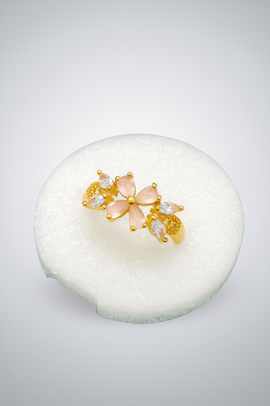 Luxury Gold-Plated Floral Ring with Pink & White Gemstones – Adjustable Women’s Statement Jewelry