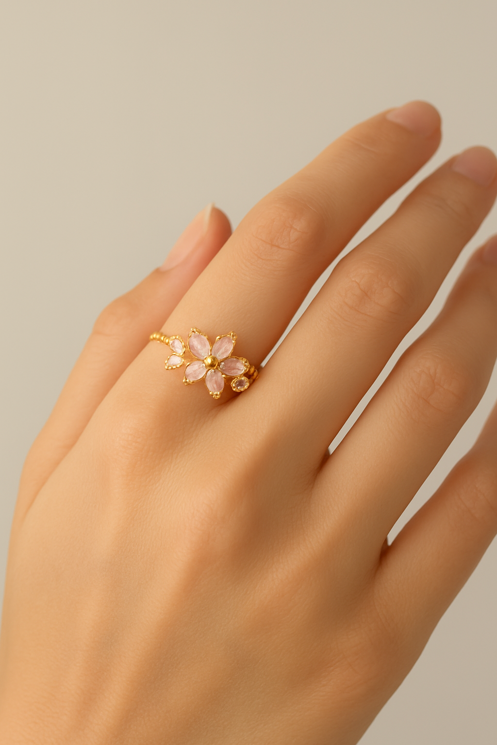 Luxury Gold-Plated Floral Ring with Pink & White Gemstones – Adjustable Women’s Statement Jewelry