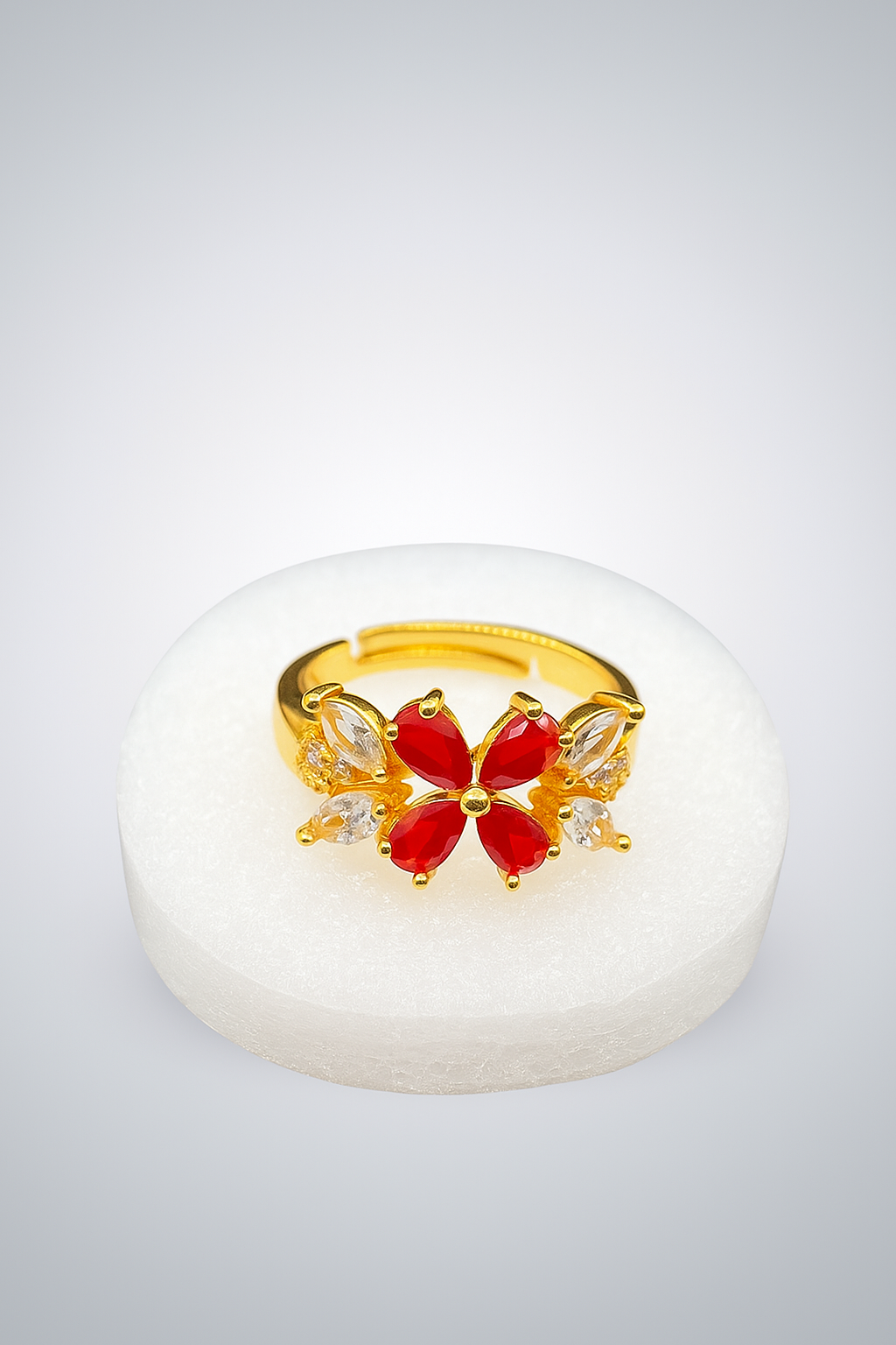 Elegant Gold Plated Ring with Red & White Stones – Floral Design Jewelry for Women