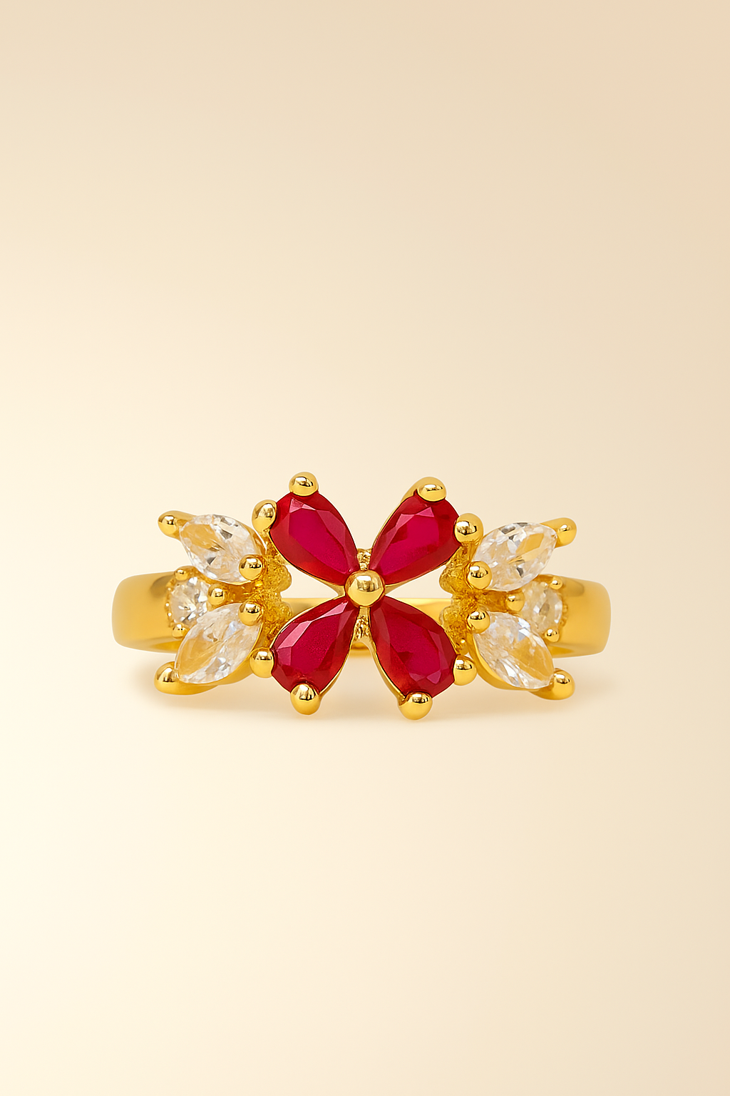 Elegant Gold Plated Ring with Red & White Stones – Floral Design Jewelry for Women