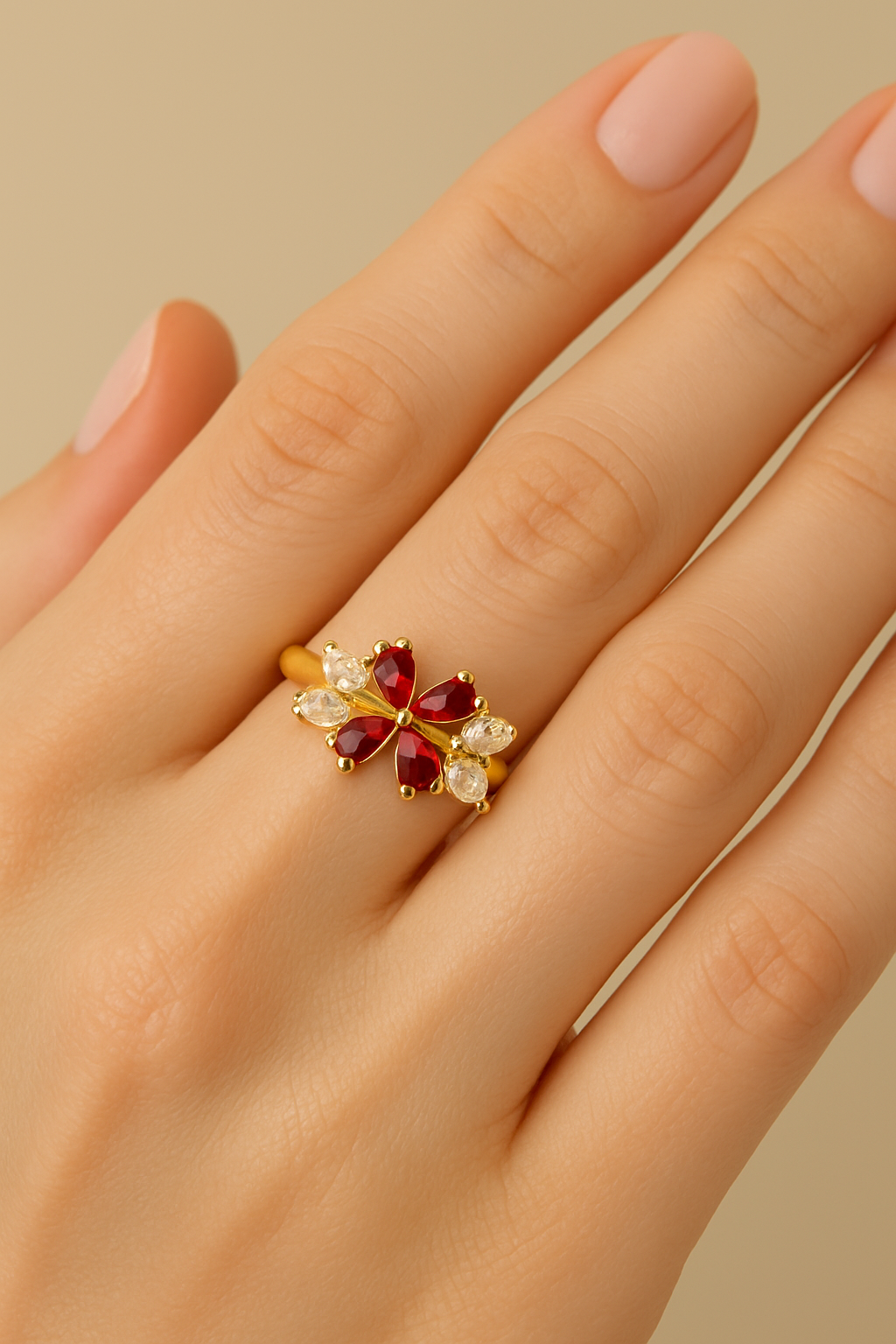Elegant Gold Plated Ring with Red & White Stones – Floral Design Jewelry for Women