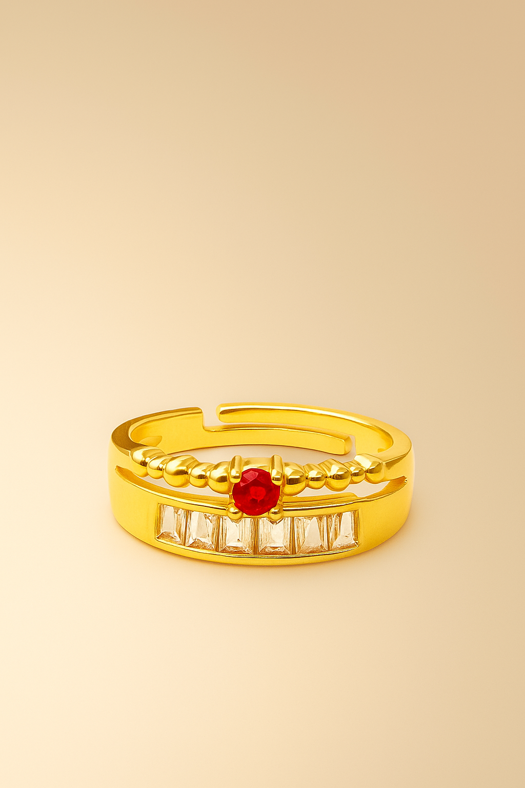 Elegant Gold Plated Ring with Red Stone & White Crystals – Adjustable Women’s Jewelry
