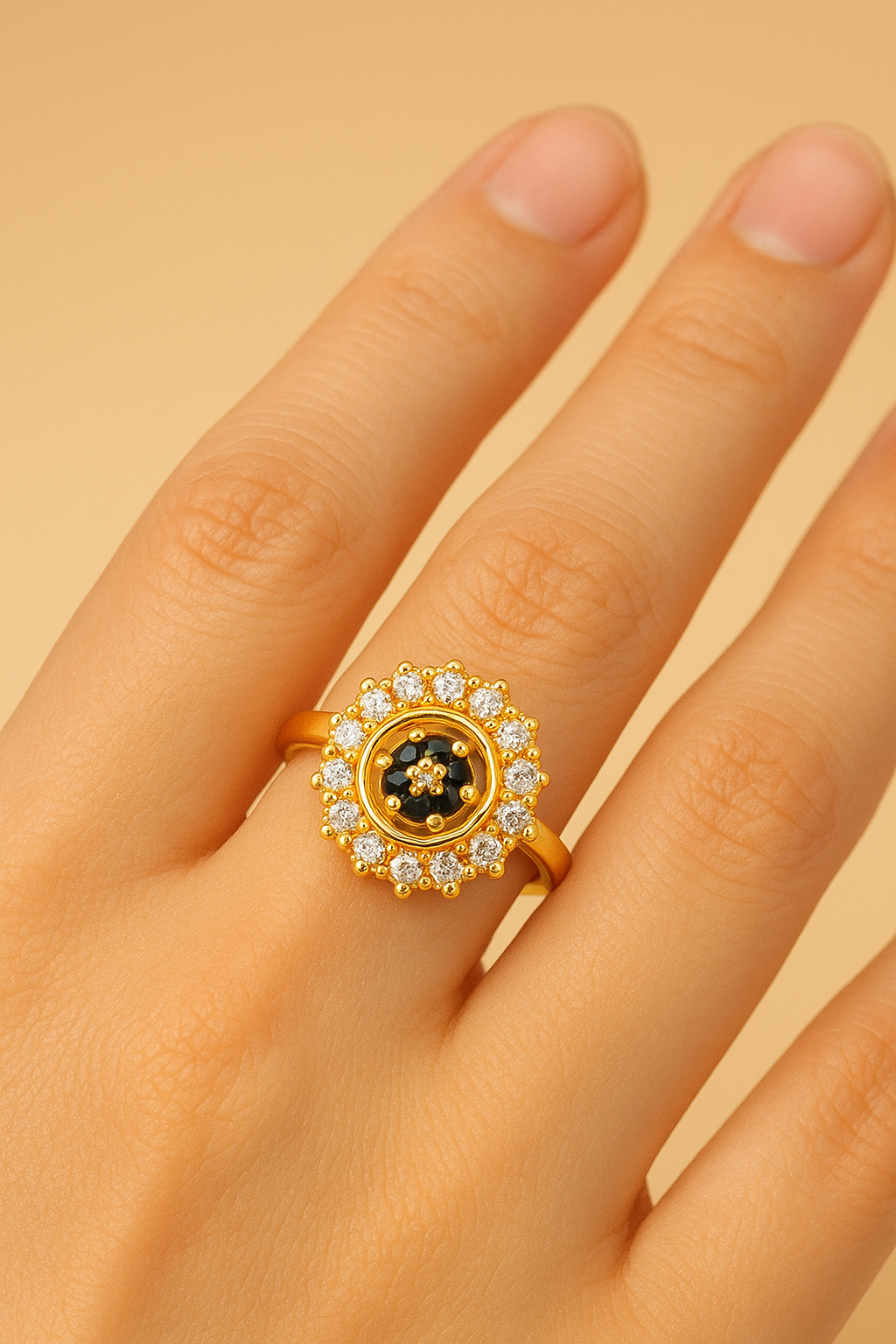 Elegant Gold Ring with Black Stone & CZ Diamonds – Premium Women’s Jewelry