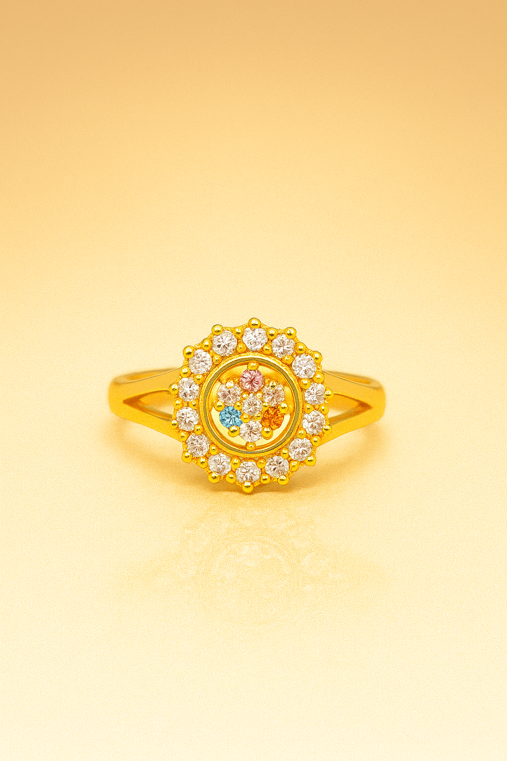 Elegant Gold Halo Ring with Multicolor Stones & Diamond Accents