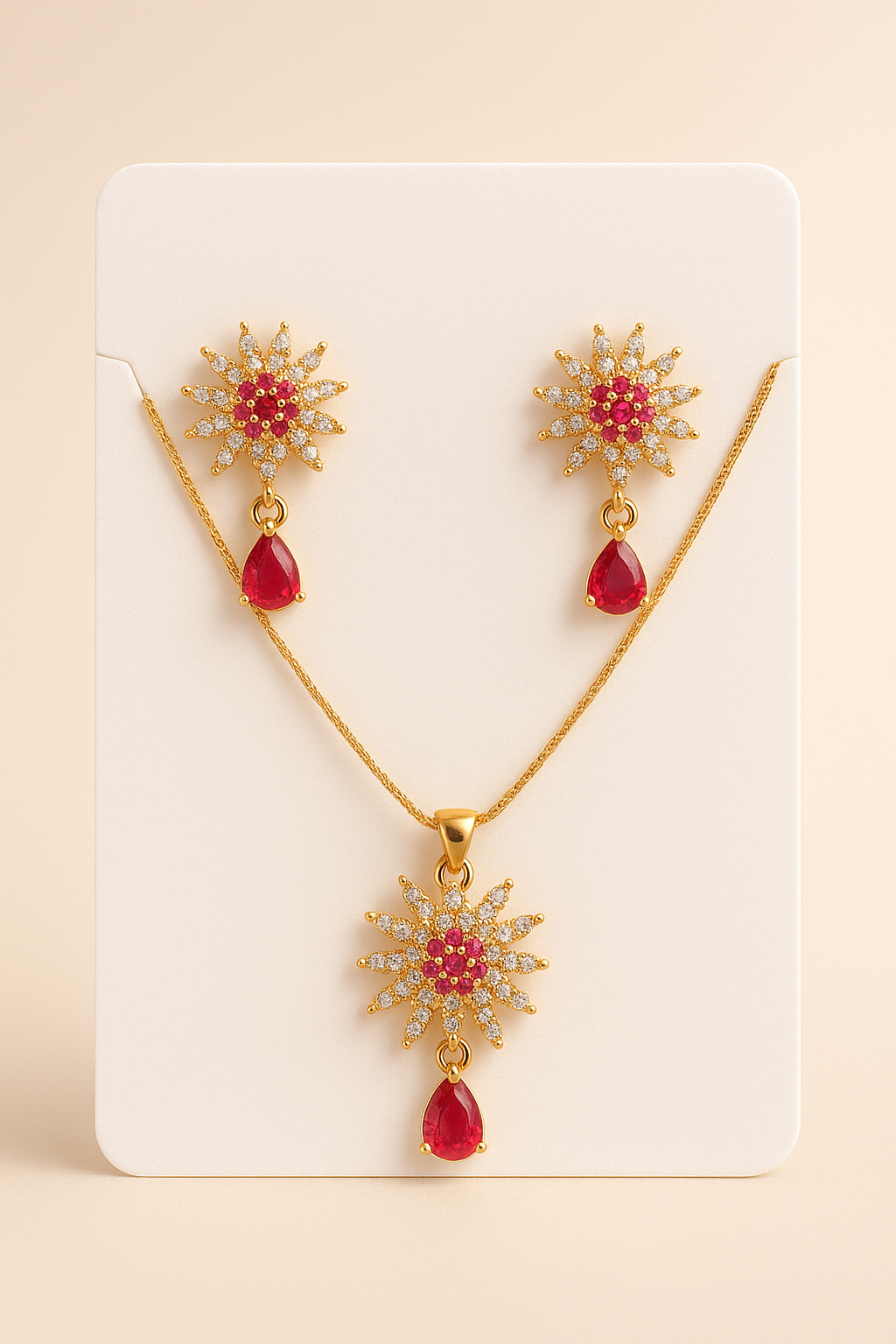 Gold Plated Ruby & CZ Starburst Necklace Set – Elegant Women’s Jewelry
