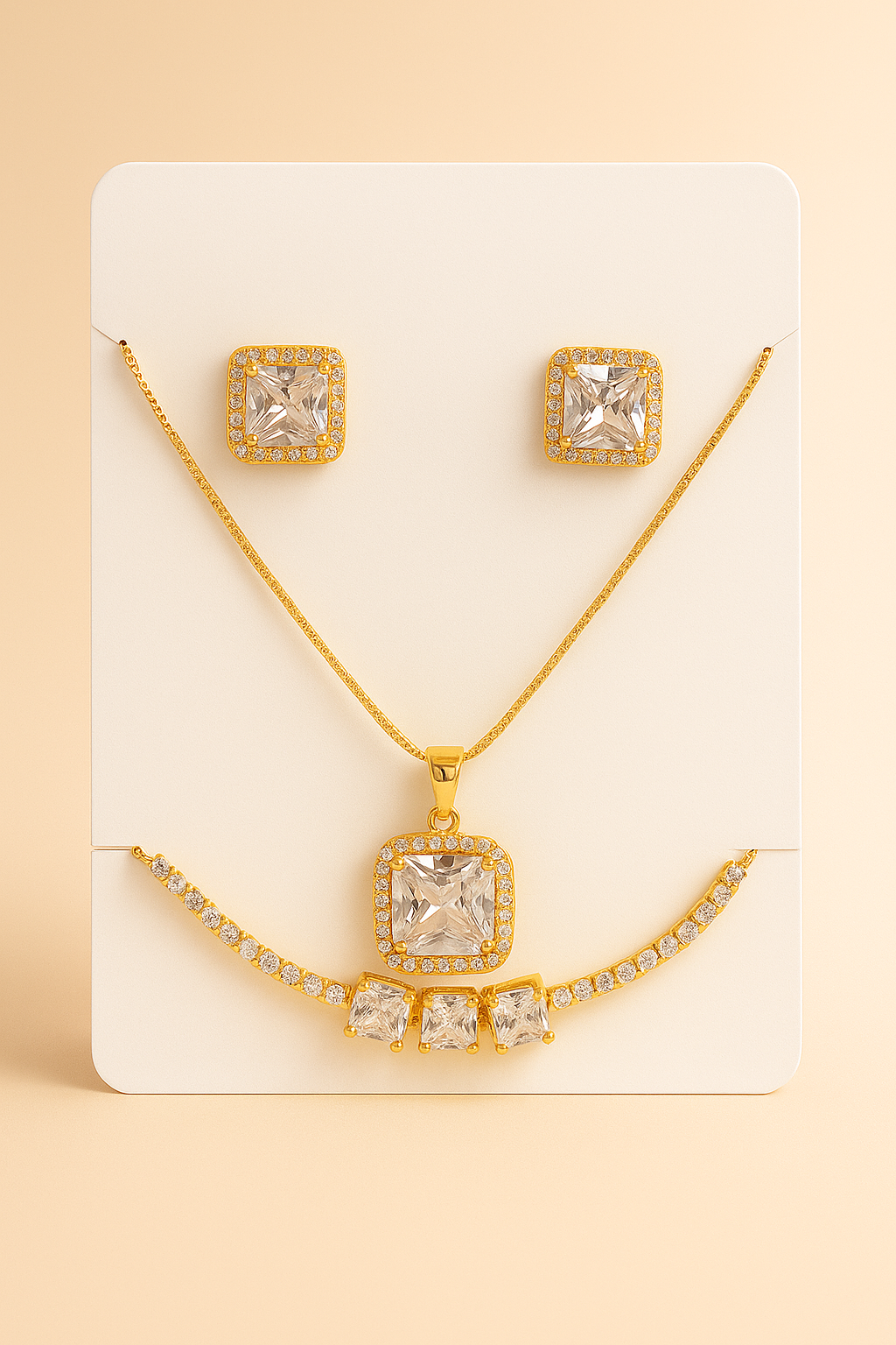 Luxury Gold-Plated Jewelry Set with Square Zircon Stones – Necklace, Earrings & Bracelet for Women
