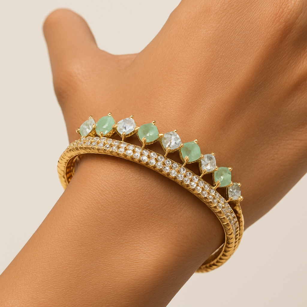 "Luxury Gold-Plated Bangle with Green & Clear Gemstones – Elegant Adjustable Bracelet for Women"