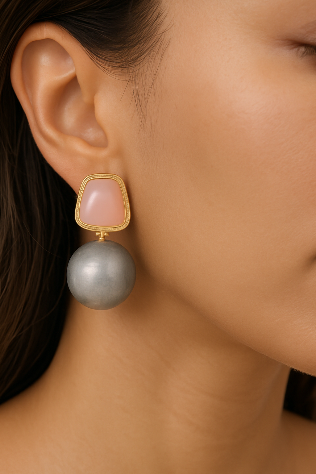 "Luxury Dual-Tone Statement Earrings – Pink Gem & Silver Orb Design with Gold Accents"