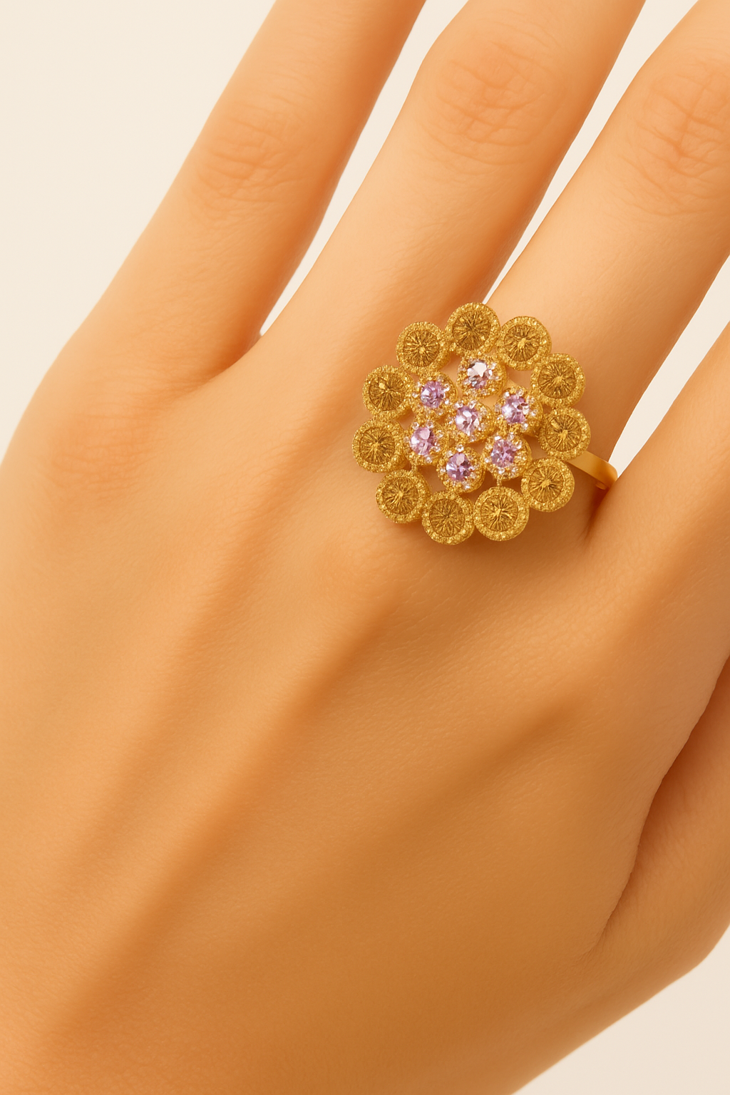 Premium Gold-Plated Floral Ring with Blue Crystal Accents Adjustable – Elegant Women’s Jewelry"