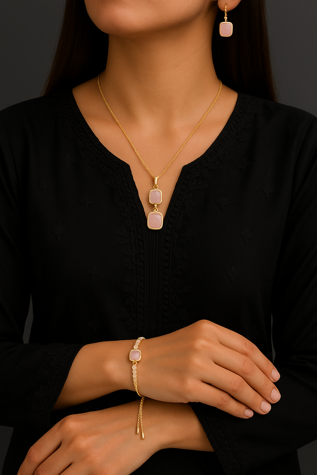 "Elegant Pink Stone & Pearl Jewelry Set – Gold Plated Necklace, Earrings & Bracelet for Women"