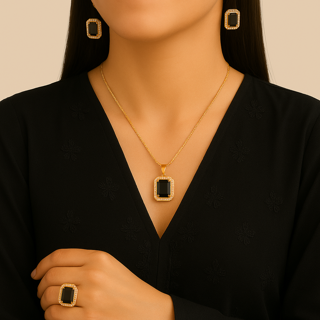 "Elegant Black Stone Gold-Plated Jewelry Set – Necklace, Adjustable Ring & Stud Earrings for Women"