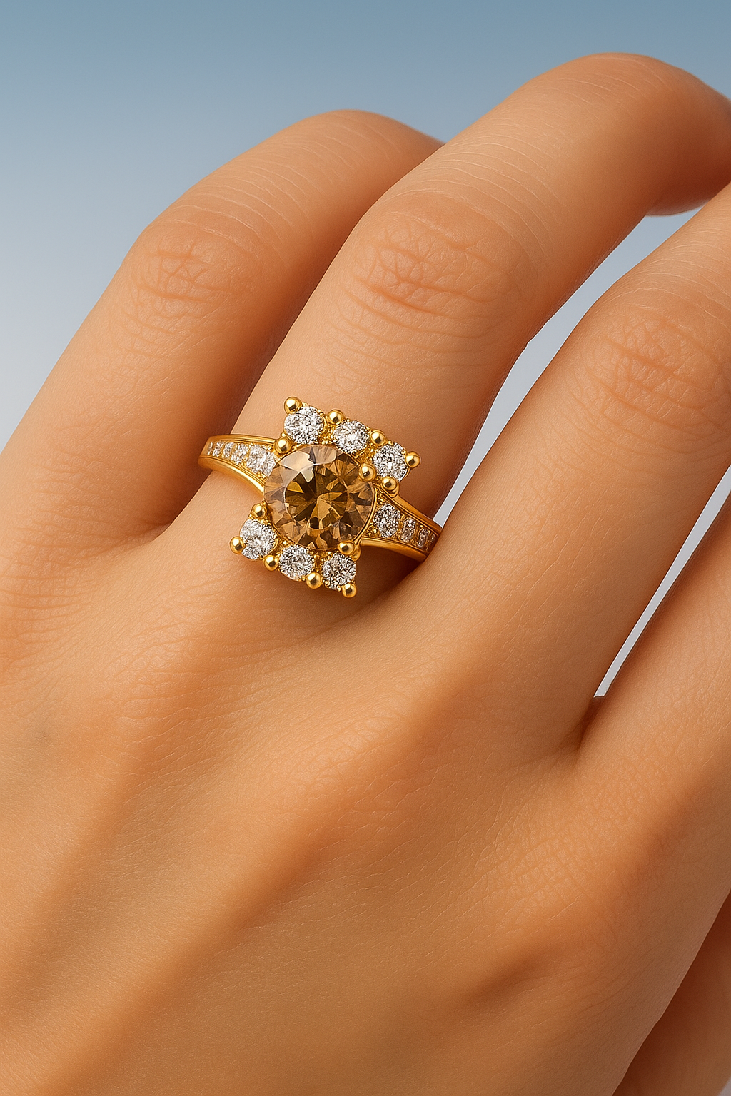 Golden Halo Ring with Champagne Gemstone  Accents adjustable ring – Elegant Women’s Jewelry