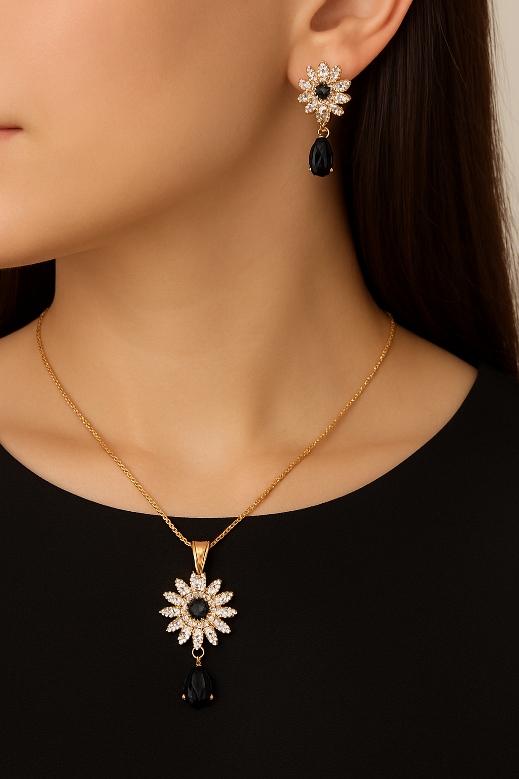"Elegant Gold-Plated Floral Necklace & Earrings Set with Black Stone Drops – Premium Jewelry for Women"