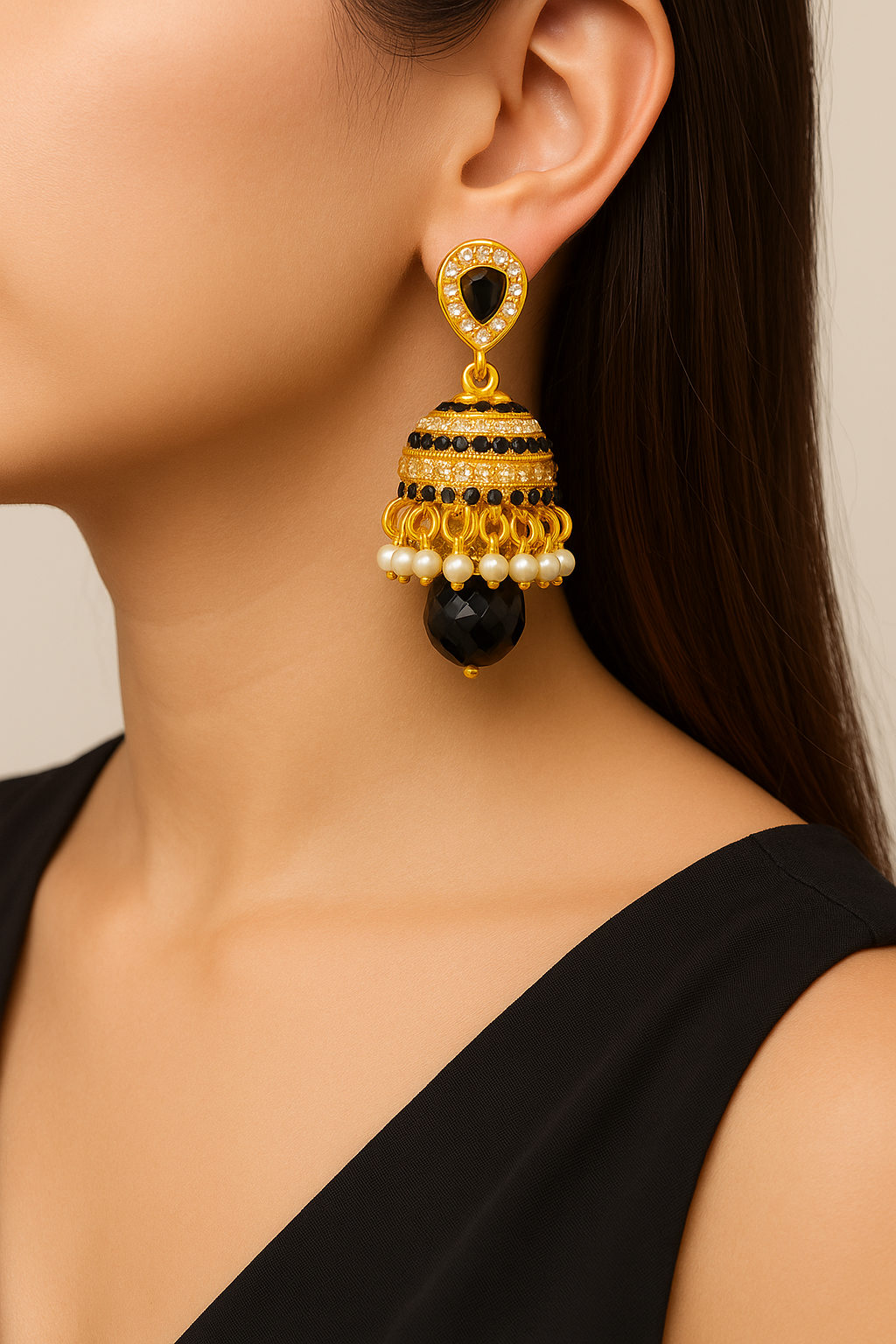 "Gold-Plated Black Stone & Pearl Jhumka Earrings – Traditional Indian Bridal Jewelry"