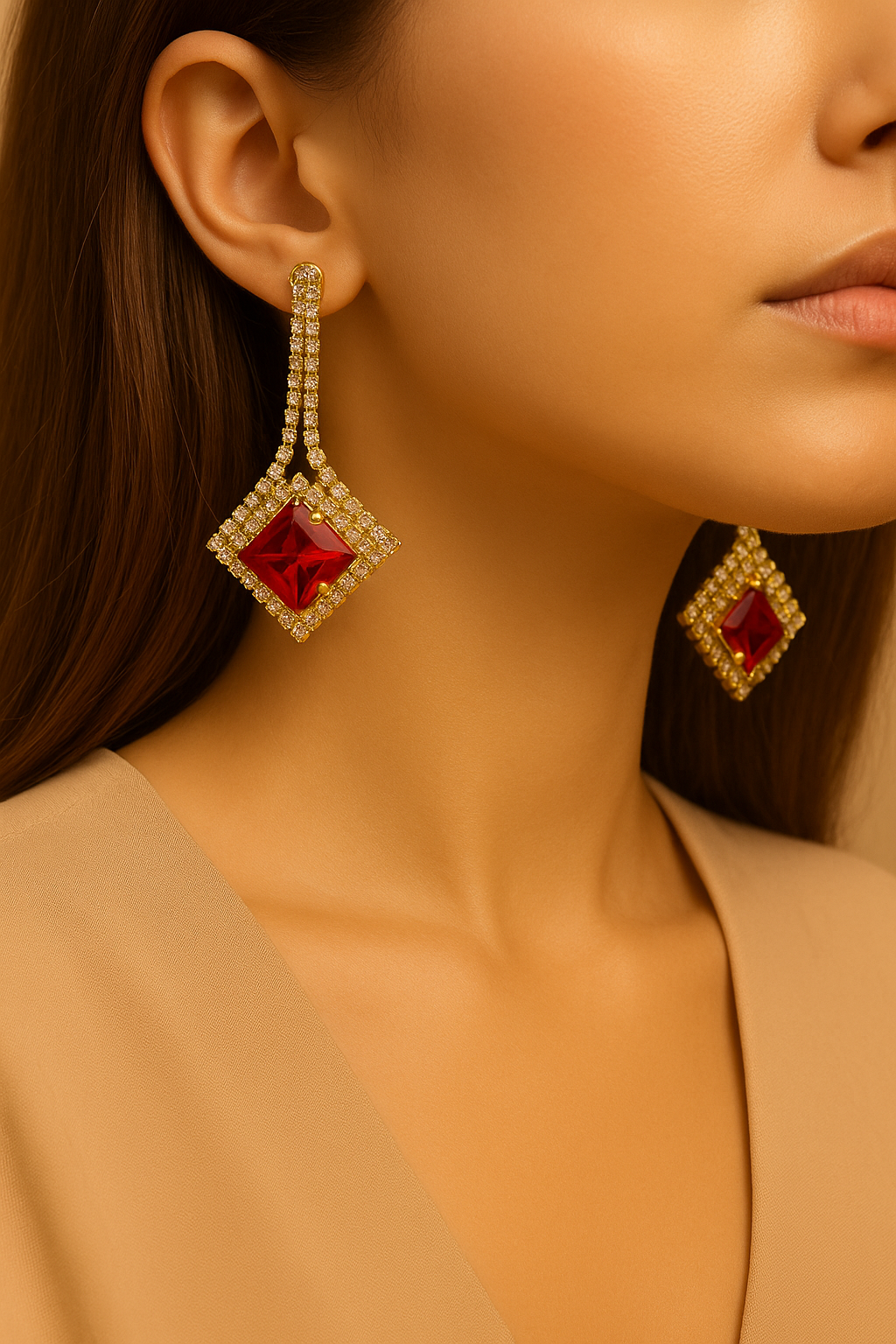 Luxury Gold-Plated Ruby Drop Earrings – Women’s Statement Jewelry with Sparkling Crystals