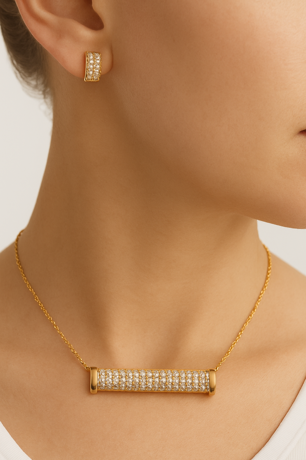 Luxury Gold-Plated Bar Necklace & Earring Set – Sparkling CZ Stones, Adjustable Chain