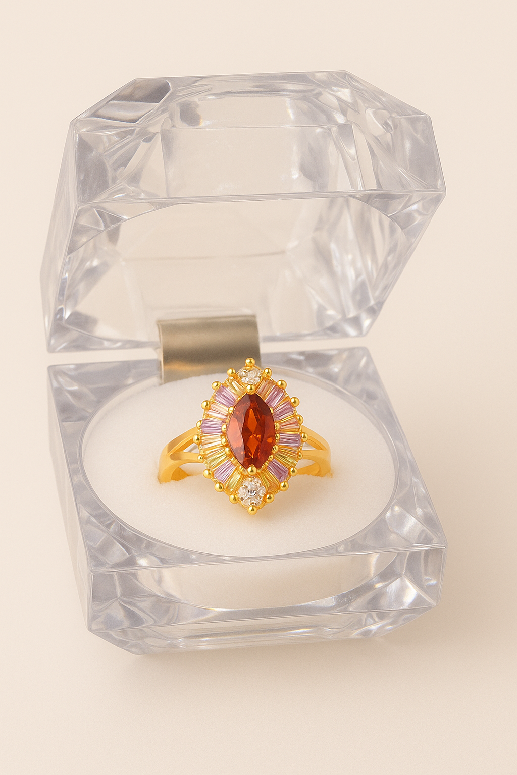 Luxury Gold-Plated Marquise Ruby Ring – Women’s Statement Cocktail Jewelry with Multicolor Crystals