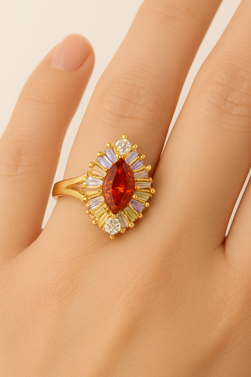 Luxury Gold-Plated Marquise Ruby Ring – Women’s Statement Cocktail Jewelry with Multicolor Crystals