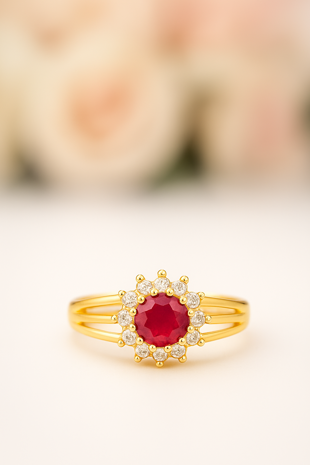 Gold Ruby & Diamond Halo Ring – 18K Gold Plated Women’s Jewelry