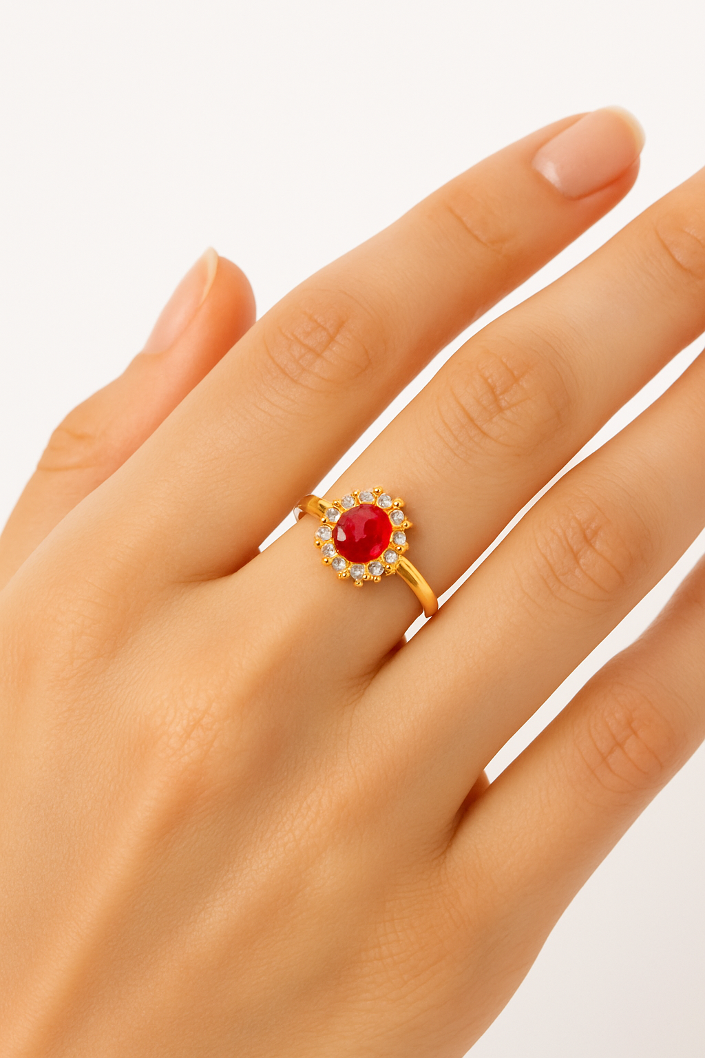 Gold Ruby & Diamond Halo Ring – 18K Gold Plated Women’s Jewelry