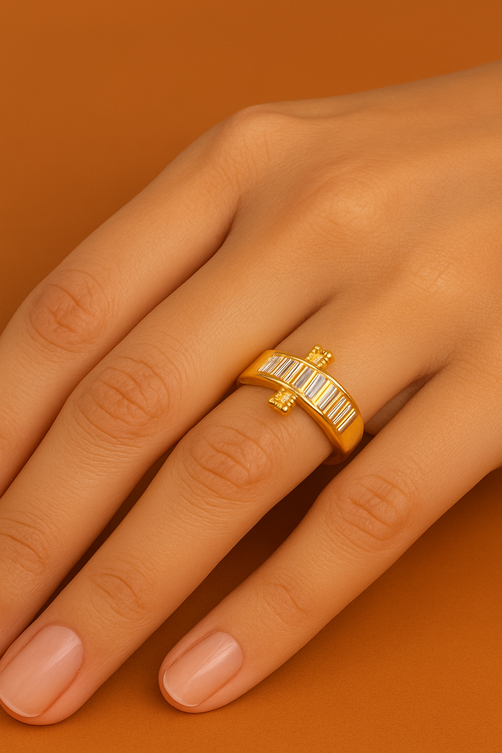 Gold Plated Adjustable Ring with Baguette & Round Cut Stones – Elegant Women’s Jewelry