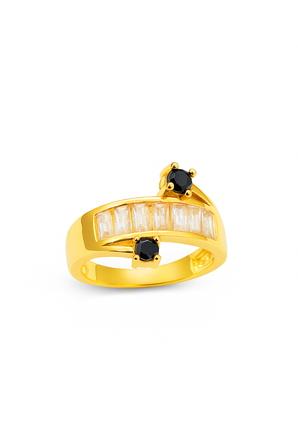 Gold Plated Ring with Black Stones & Baguette Cut Zircon – Elegant Adjustable Women’s Jewelry